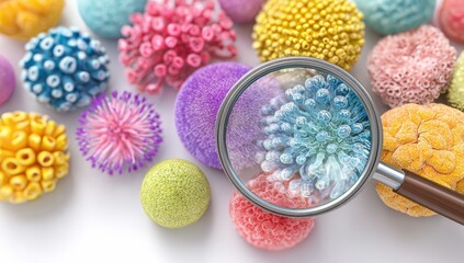 Colorful microscopic organisms under a magnifying glass