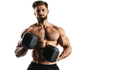 Muscular man with a beard holding dumbbells in a dark setting looking at the camera with a serious look on transparent background