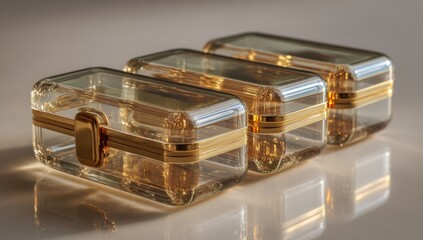 Three translucent gold-accented boxes