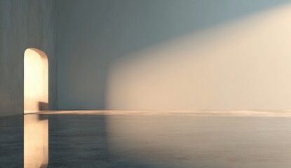 Empty modern room with arched doorway, bathed in warm light