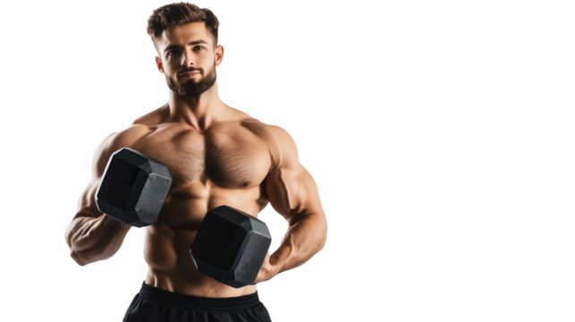 Muscular man with a beard holding dumbbells in a dark setting looking at the camera with a serious look on transparent background