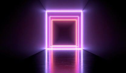 Neon Square Portal in Dark Room