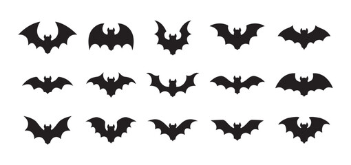 Halloween black bat isolated silhouettes holiday horror, vector cartoon icons. Flying vampire bat silhouettes for Halloween and trick or treat party scary and spooky decoration