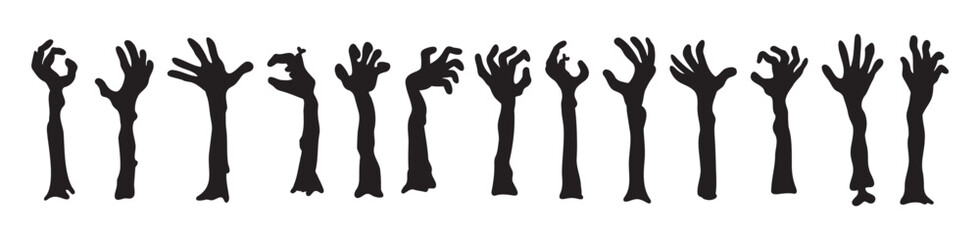 Zombie hands silhouettes. Halloween decor. Set doodle zombie hand