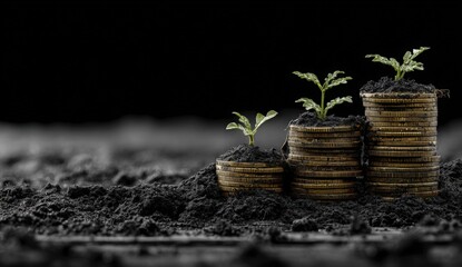 Coins stacked in tiers, small plants growing