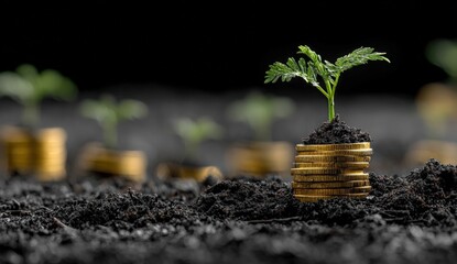 Small plant grows from coins in dark soil