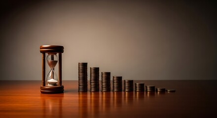 Hourglass and coins convey time running out on investments, perfect for financial planning, illustrating economic downturn, or showing limited resources