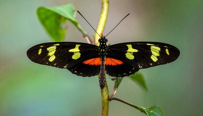 A colorful butterfly perched on a thin stem with blurred backdrop