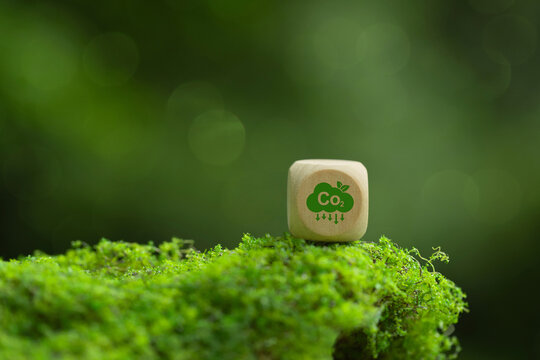 Wooden cube with green CO2 icon on moss background for carbon footprint reduction, climate responsibility, and sustainable environment for eco-friendly and low-emission future goals. carbon credit. - Powered by Adobe