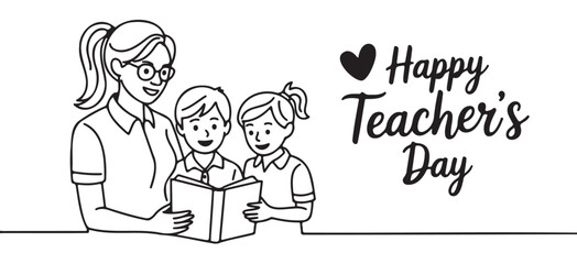 Happy Teachers Day illustration showing a teacher reading a book with two students simple line art vector design