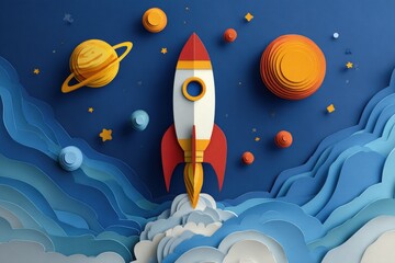 Colorful rocket ship launching into space, surrounded by planets and clouds