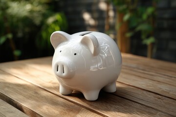 Fototapeta premium White piggy bank on a wooden table outdoors