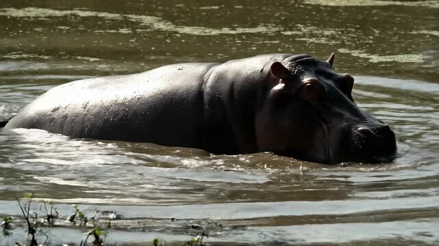 A large gray hippopotamus partially submerged and swimming in muddy brown water with ripples and plants visible