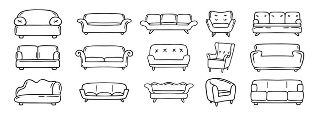 Obraz premium sofa and armchair doodle hand drawn icon set. luxury couch for apartment, comfort sofa models. Outline drawing sofa and armchair line clipart symbol collection