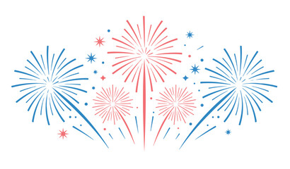 Festive fireworks illustration in red and blue vector graphic for celebrations isolated on white background