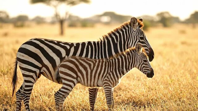 A mother zebra stands protectively beside her young foal in the golden light of the African savanna at sunset