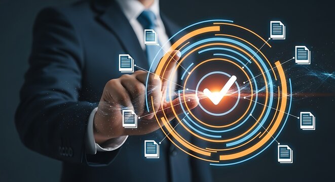 Streamline workflow with digital approval, showcasing a sleek, modern checkmark system for efficient project management and document handling in a secure environment