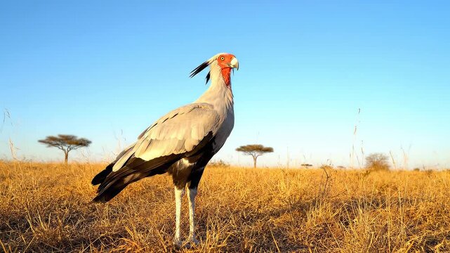 A Secretarybird stands tall on the savanna with its distinctive crest and red face against a clear blue sky