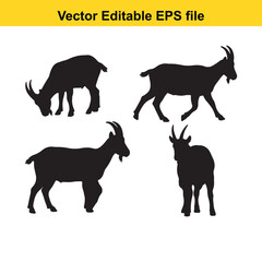 Vector art of set of four black goat silhouettes in different poses