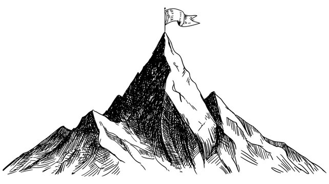 a mountain with a flag at the summit, symbolizing achievement, ambition, success, and personal goals.