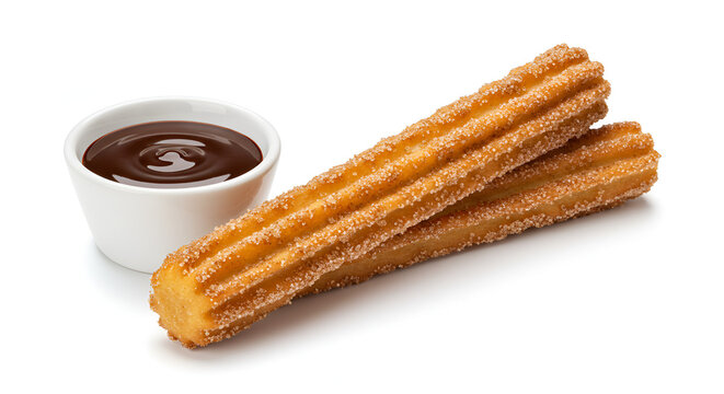 A pair of delicious golden-brown churros coated in cinnamon sugar, served with a rich chocolate dipping sauce on a white background
