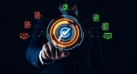 Modern business intelligence with a visionary leader selecting data insights, unlocking valuable information for strategic decisions in a digital world