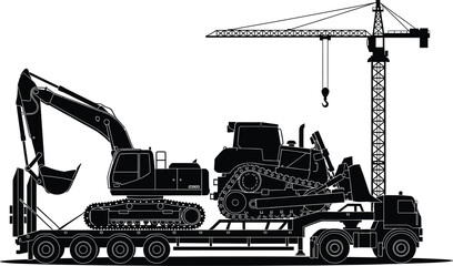 Construction heavy equipment truck transporting excavator and bulldozer under tower crane silhouette vector illustration for industrial transport and machinery logistics design © MdSofequl