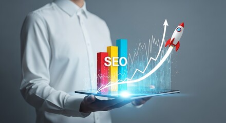 Boost SEO strategy with vibrant data visualization and rocket launch for dynamic business growth, achieving digital success, and exceeding marketing goals