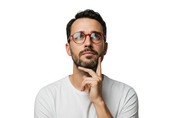 Man with glasses thinking, isolated on transparent background
