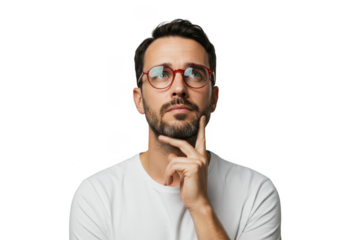 Man with glasses thinking, isolated on transparent background