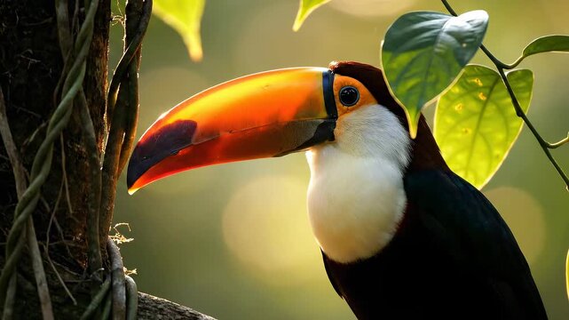 A vibrant toucan with a striking orange beak perches on a vine-covered branch surrounded by lush green foliage in a sunlit tropical forest