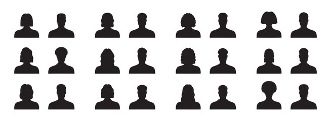 Silhouette male and female heads. People profile avatars, anonymous faces portraits, black silhouette unknown faceless set
