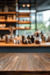 Fototapeta premium Wooden table in a blurred cafe