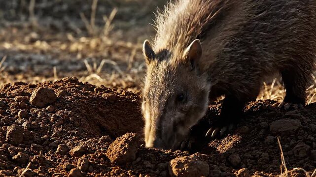 An aardvark with its snout in the dirt digging a hole searching for food in its natural habitat