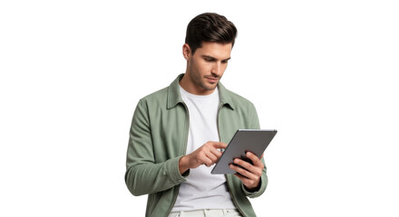 Focused man using tablet for modern business, learning, or connecting, embodying digital engagement and professional progress seamlessly.