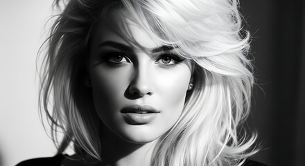 Fototapeta premium Elegant Blonde Woman Portrait in Black and White Photography.