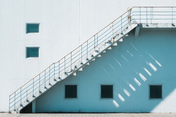 Obraz premium Exterior view of a white building with a diagonal metal staircase leading to an door, casting sharp shadows in sunlight.