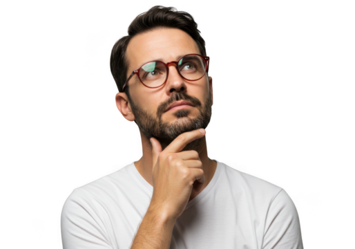 Man with glasses thinking, isolated on transparent background