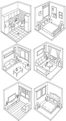 Isometric Room Designs - Kitchen, Bedroom, Living Room Illustrations.