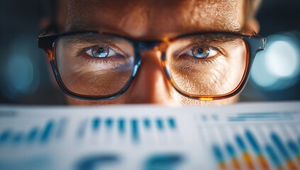 Intense focus as a sharp eyed professional analyzes complex financial data charts in a modern office setting
