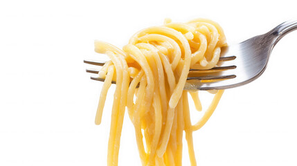 A close up of spaghetti noodles twirled on a silver fork against a black background studio shot on transparent background