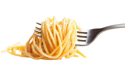 A close up of spaghetti wrapped around a fork against a black background in a studio setting view on transparent background