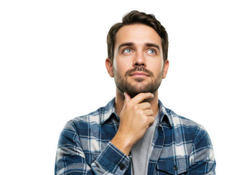 Man in blue plaid shirt thinking isolated on transparent background - Powered by Adobe