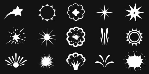 Collection of white starbursts explosions sparkles and abstract shapes on black background
