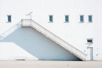 Exterior view of a white building with a diagonal metal staircase leading to an door, casting sharp shadows in sunlight.
