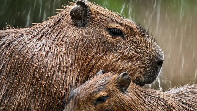 Two wet capybaras close up in the rain