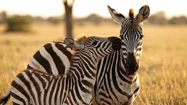 Two zebras stand close together in a golden savanna at sunset bathed in warm sunlight with dry grass and distant trees.