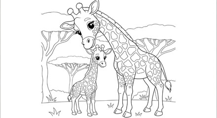 Cute giraffe and calf in the African savanna coloring page