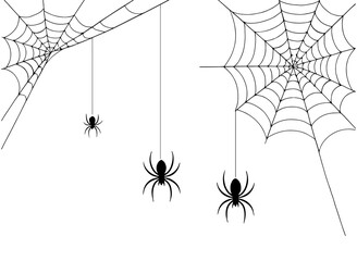 Spiders Hanging from Cobwebs, Halloween Corner Decorations on Transparent Background