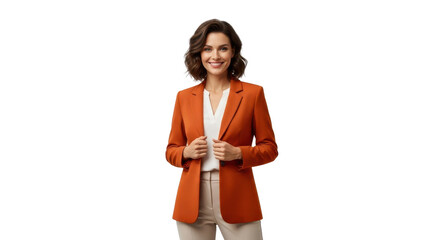 Confident professional woman in stylish orange blazer exudes modern business success and approachability for corporate branding and marketing.